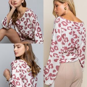 Pol Raspberry Leo Lightweight V-neck Loose Fit Side Slit Knit Sweater